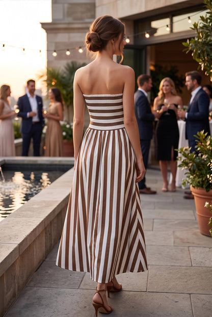 PREORDER - Stripe ruched strapless maxi dress: WHITE/MOCHA