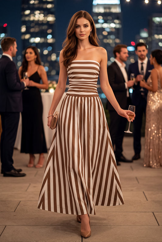 PREORDER - Stripe ruched strapless maxi dress: WHITE/MOCHA