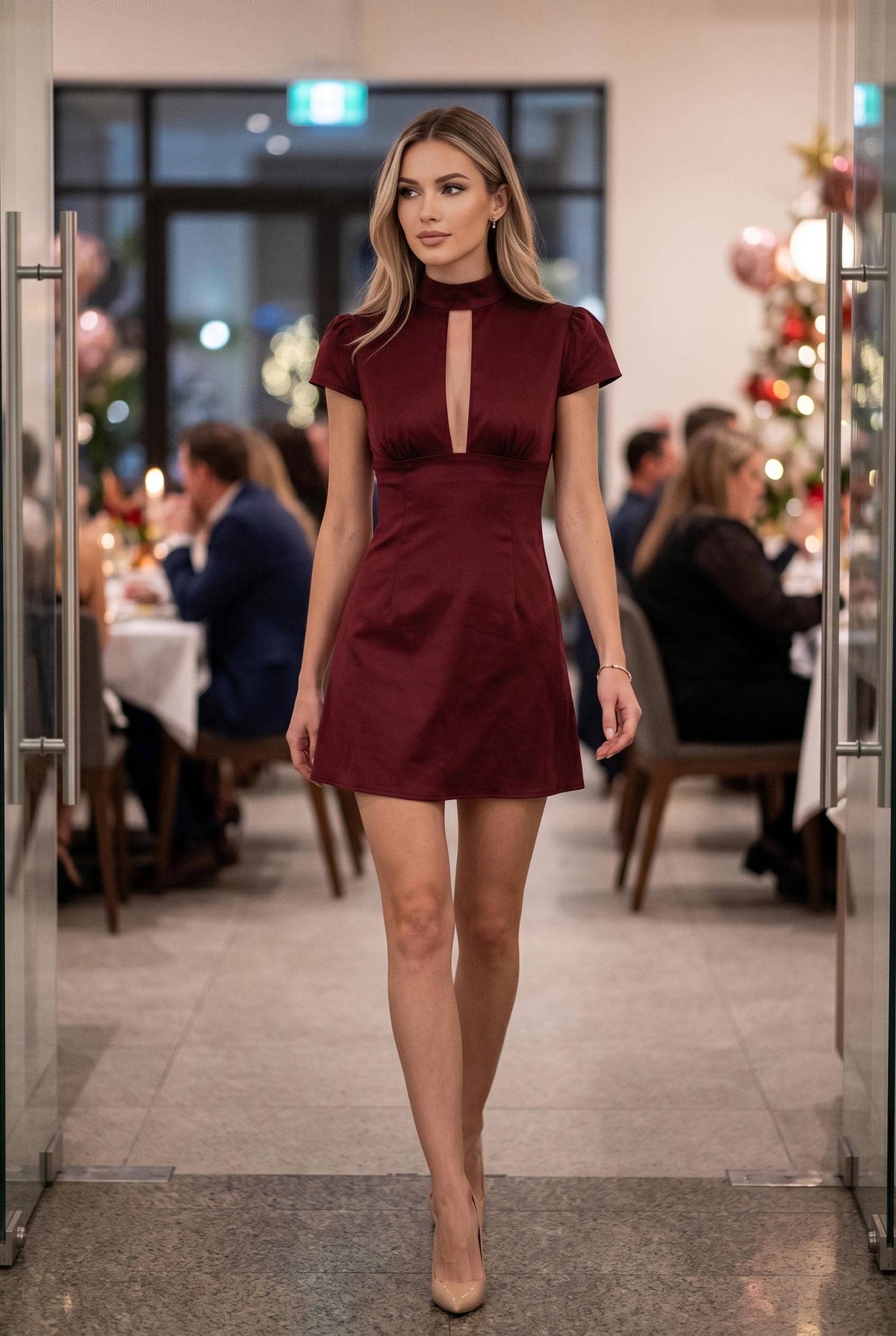 PREORDER - Satin Mock Neck Keyhole Open-Back Mini Dress: WINE