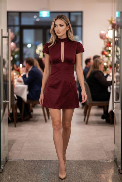 PREORDER - Satin Mock Neck Keyhole Open-Back Mini Dress: WINE