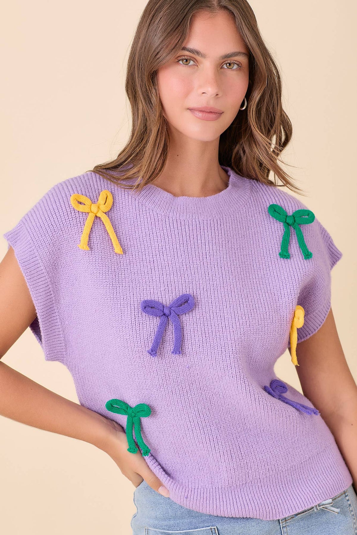 Mardi Gras Ribbon Bow Knit Top: Lavender