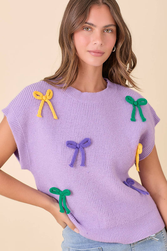 Mardi Gras Ribbon Bow Knit Top: Lavender