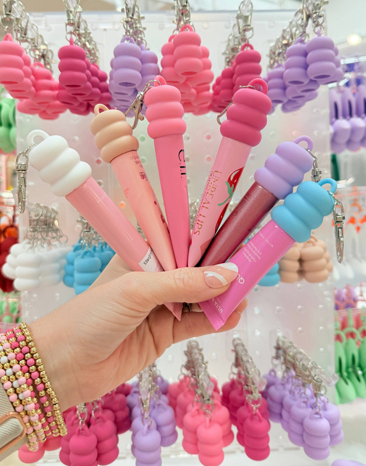 Lip Gloss Holder Keychain - Cap: Light Pink
