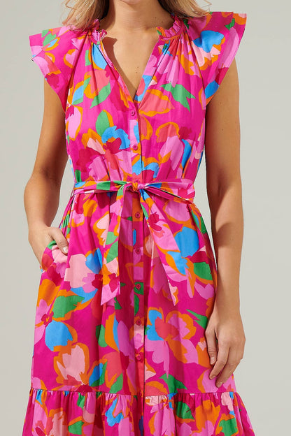 Sugarlips: Daphne Floral Dynamite Button Midi Dress: FUCHSIA-MULTI