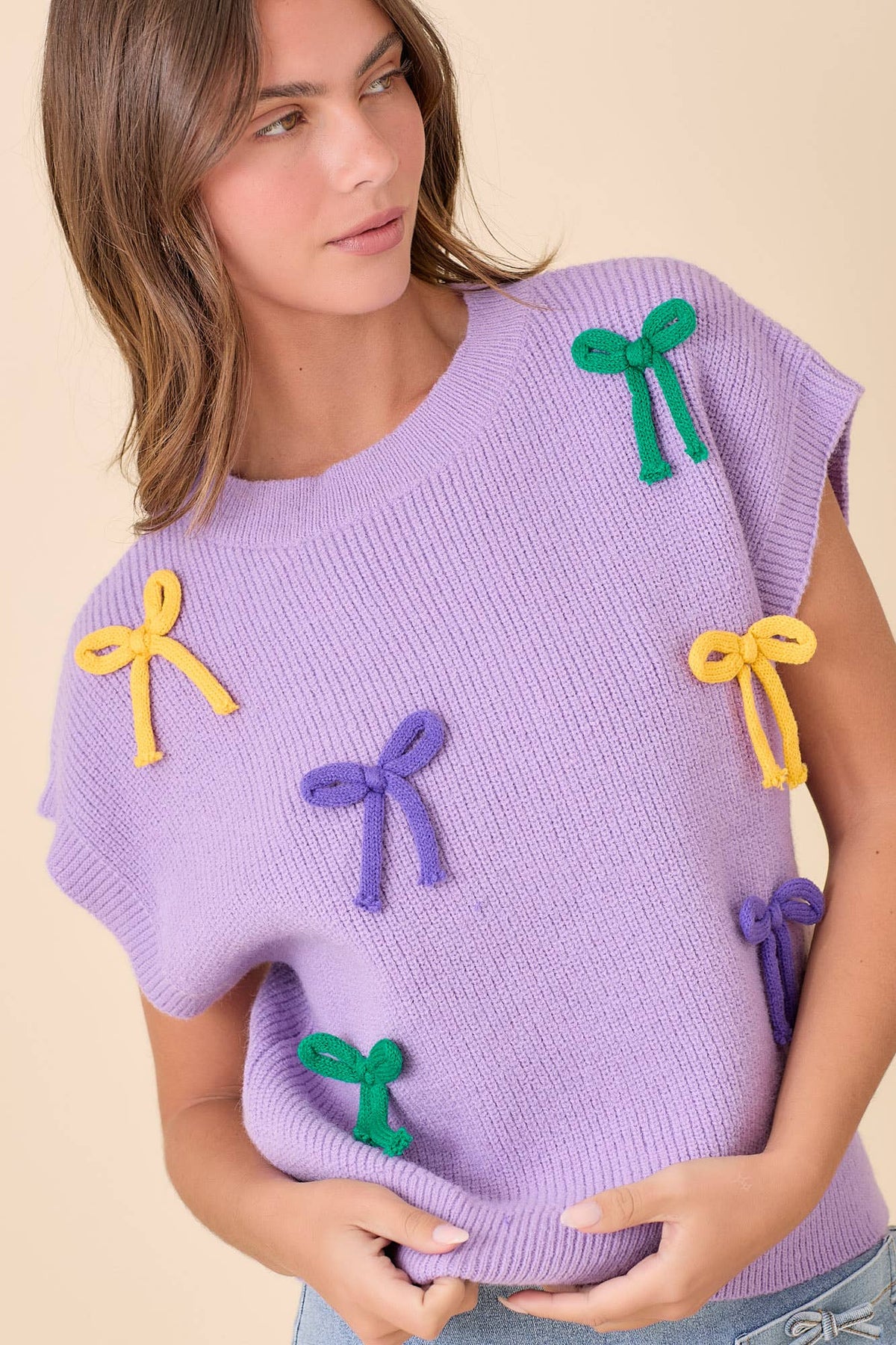 Mardi Gras Ribbon Bow Knit Top: Lavender