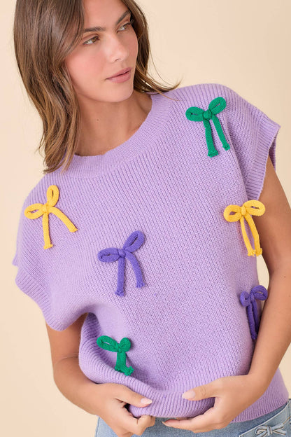 Mardi Gras Ribbon Bow Knit Top: Lavender