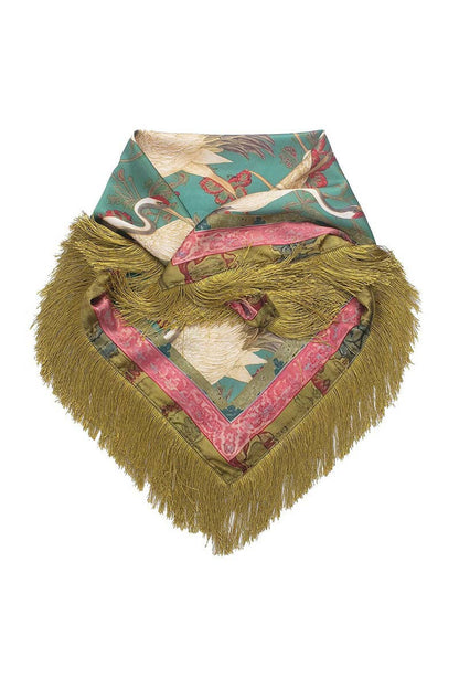PREORDER : Fringe Scarf - Green Pink Crane