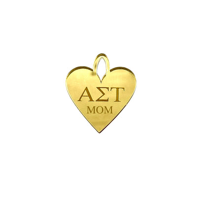 Acrylic Engraved Sorority + MOM Heart Charm: Mirror Gold / O Lever Ring Clasp / Alpha Omicron Pi