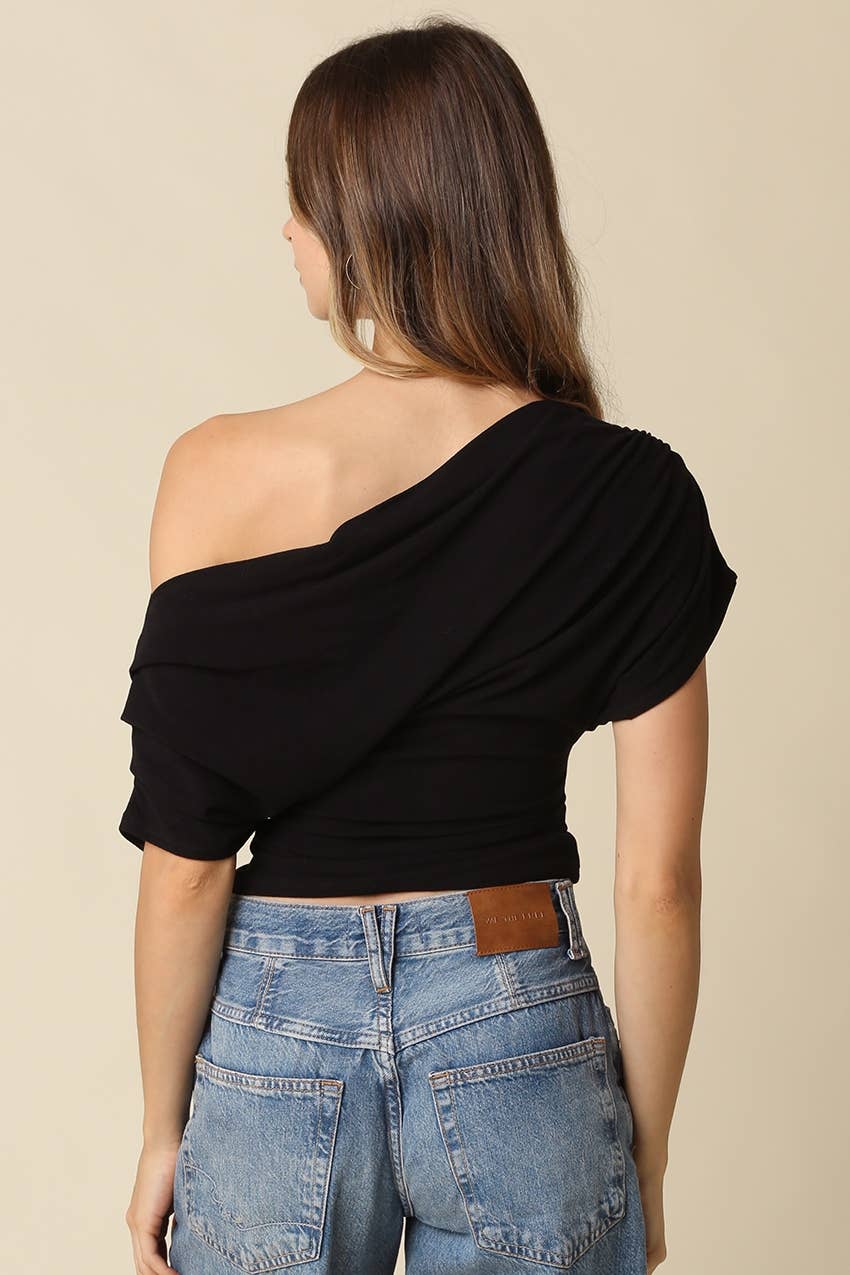 PREORDER:  Carina Draped One Shoulder Top: Black