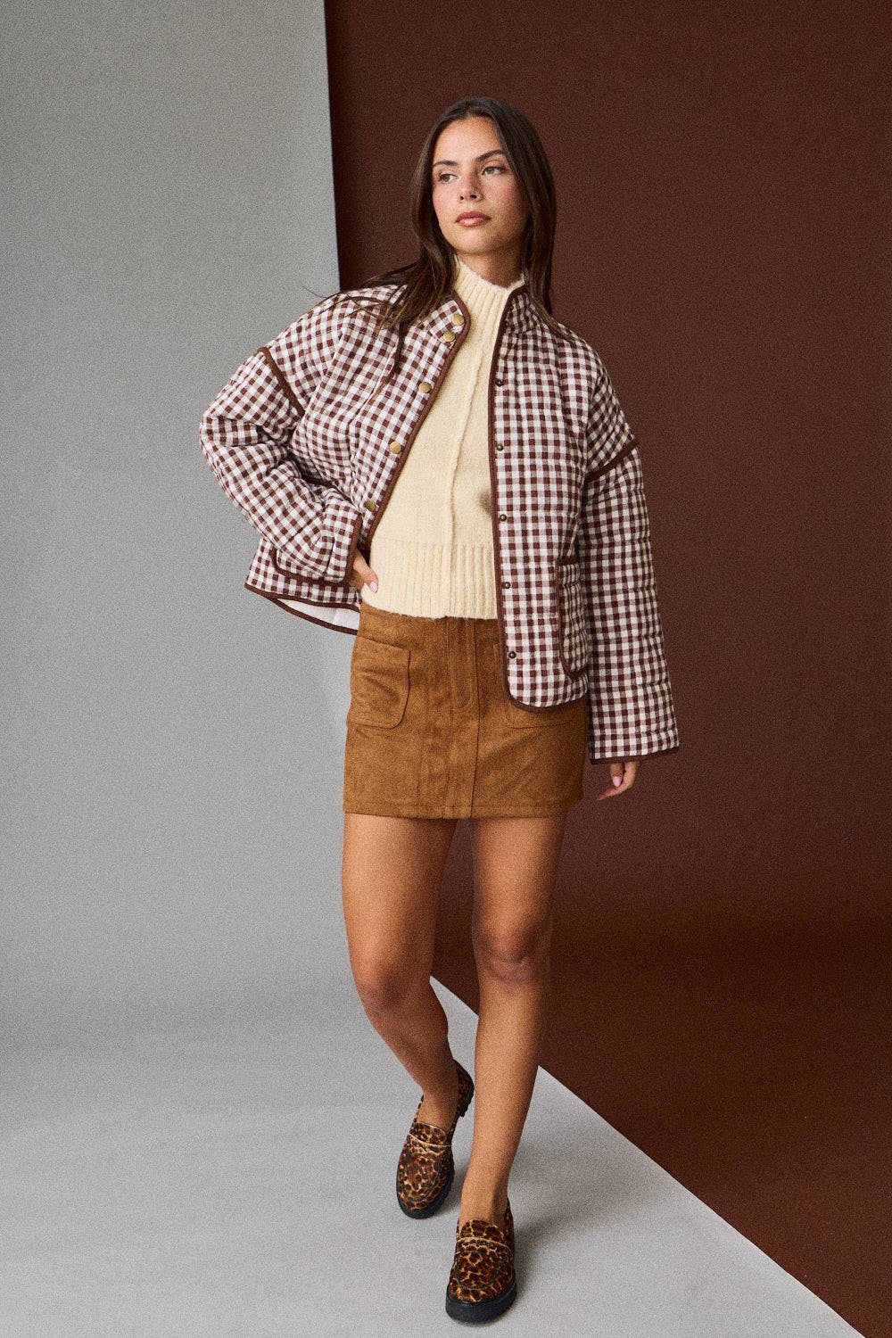 PREORDER - Gingham Quilted Jacket : BROWN