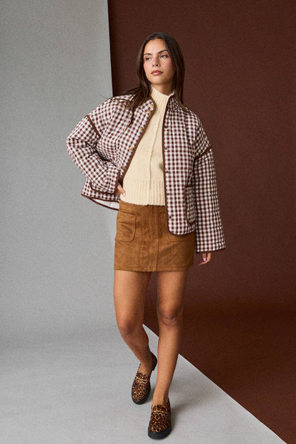 PREORDER - Gingham Quilted Jacket : BROWN