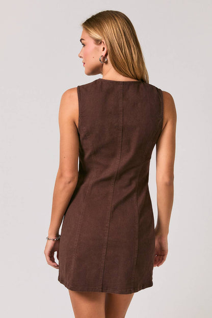 PREORDER - Keyhole Tie Button Front A-Line Mini Dress: DK BROWN