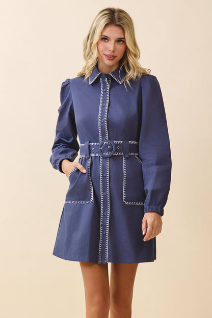TCEC: Contrast Whipstitch Belted Waist Shirt Dress