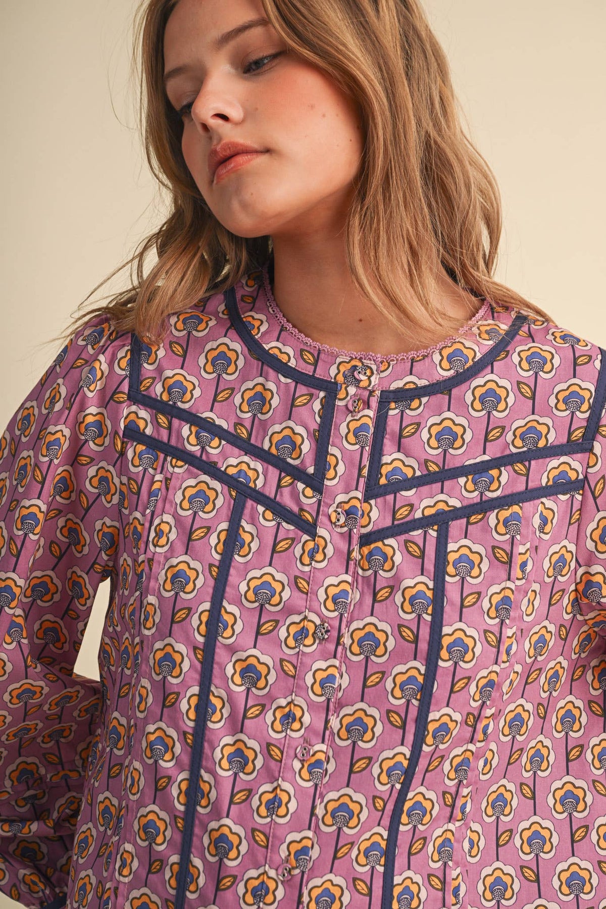 PREORDER : FLORAL BUTTON UP TOP WITH CONTRAST BINDING TRIM : ORCHID FLORAL