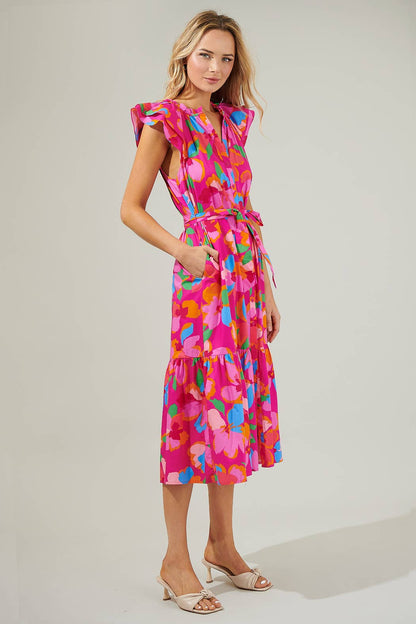 Sugarlips: Daphne Floral Dynamite Button Midi Dress: FUCHSIA-MULTI
