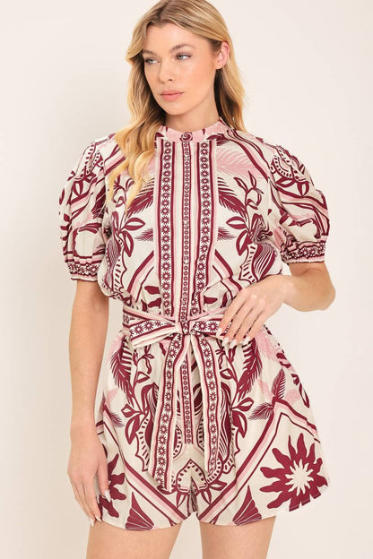 PREORDER - A printed woven romper : Burgundy