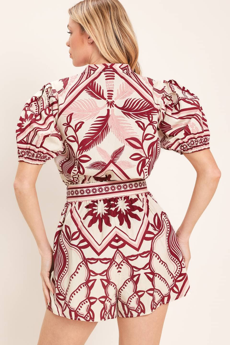 PREORDER - A printed woven romper : Burgundy