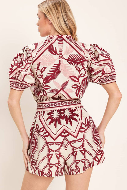 PREORDER - A printed woven romper : Burgundy