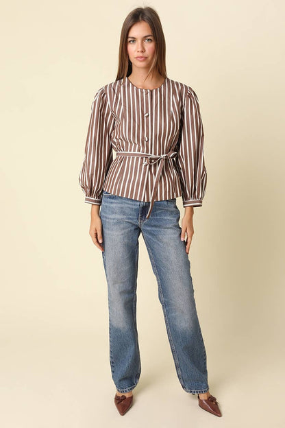 PREORDER:  Mabel Striped Belted Peplum Blouse: BROWN STRIPE