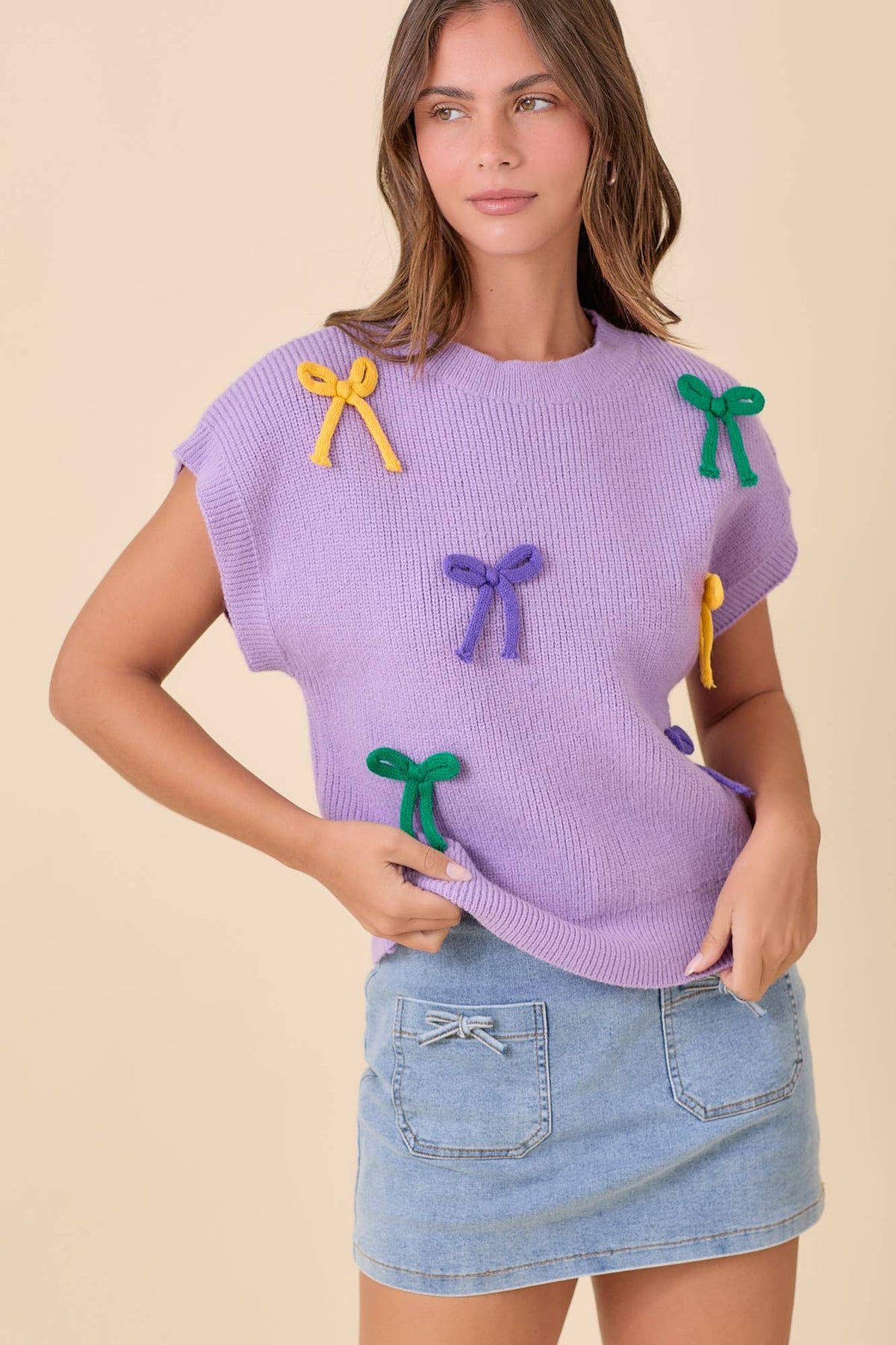 Mardi Gras Ribbon Bow Knit Top: Lavender