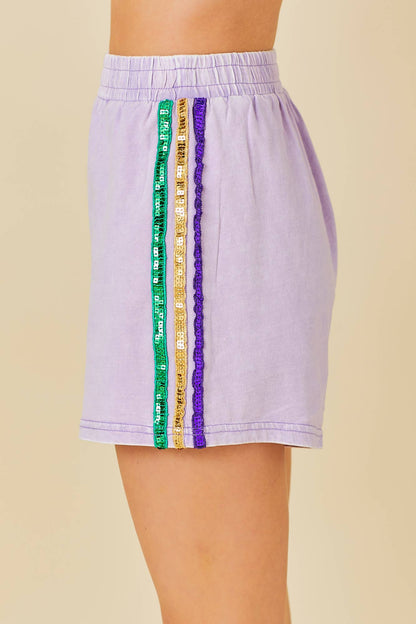 Mardi Grass Sequin Stripe Trim Short: LAVENDER