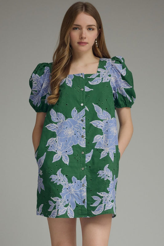 Entro Botanical square neck puff sleeve mini dress
