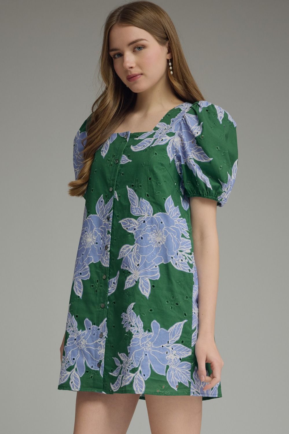 Entro Botanical square neck puff sleeve mini dress