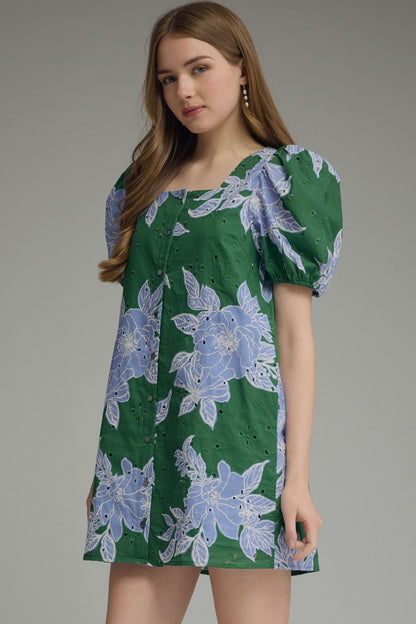 Entro Botanical square neck puff sleeve mini dress