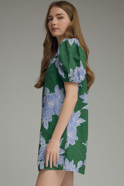 Entro Botanical square neck puff sleeve mini dress