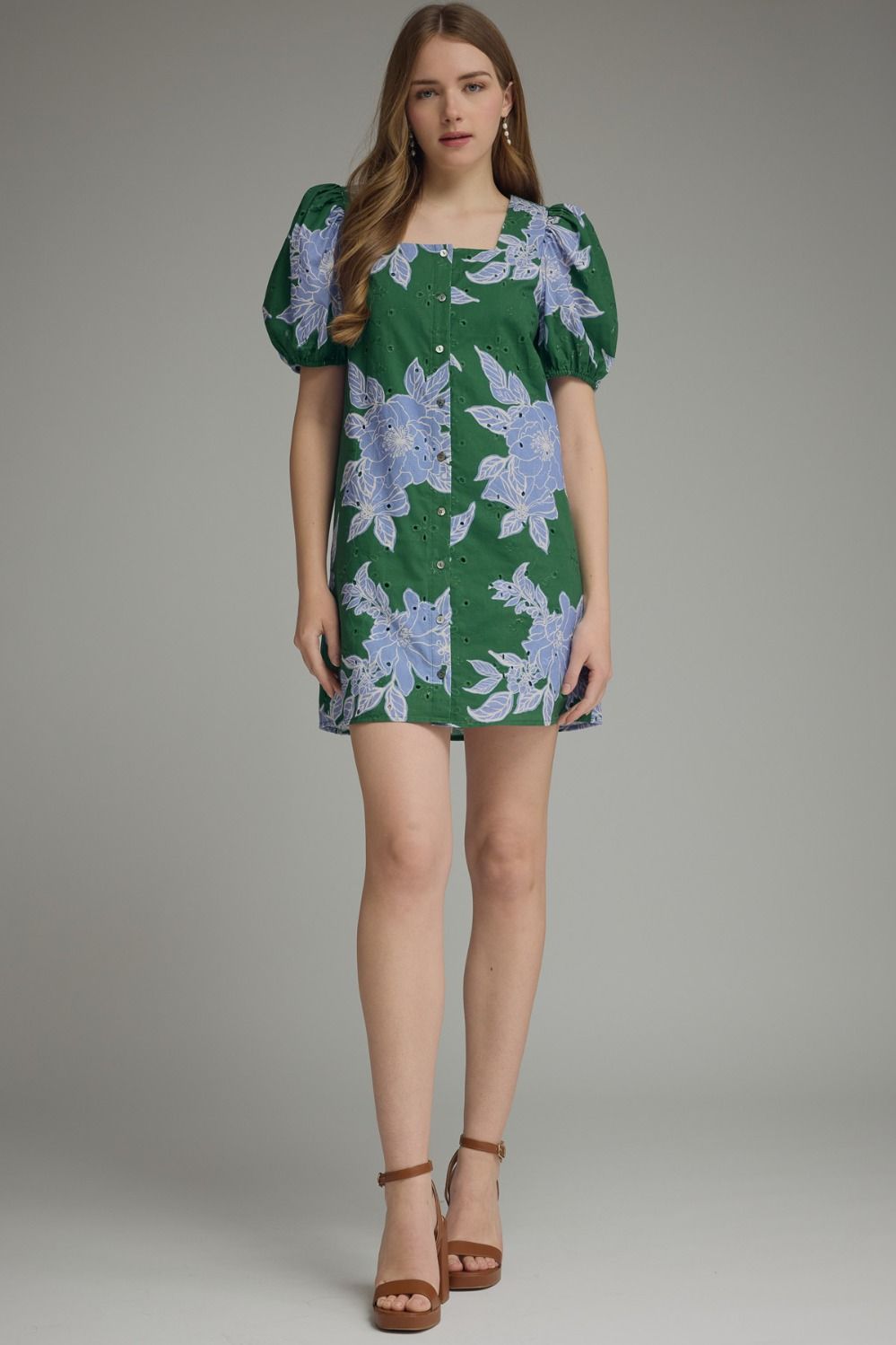 Entro Botanical square neck puff sleeve mini dress