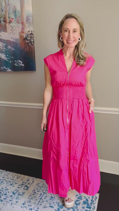 Drop Shoulder Smocked Waist Midi Dress: PINK