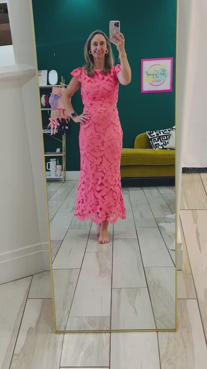 Adelyn Rae: Portia 3D Lace Cap Sleeve Midi Dress: Coral